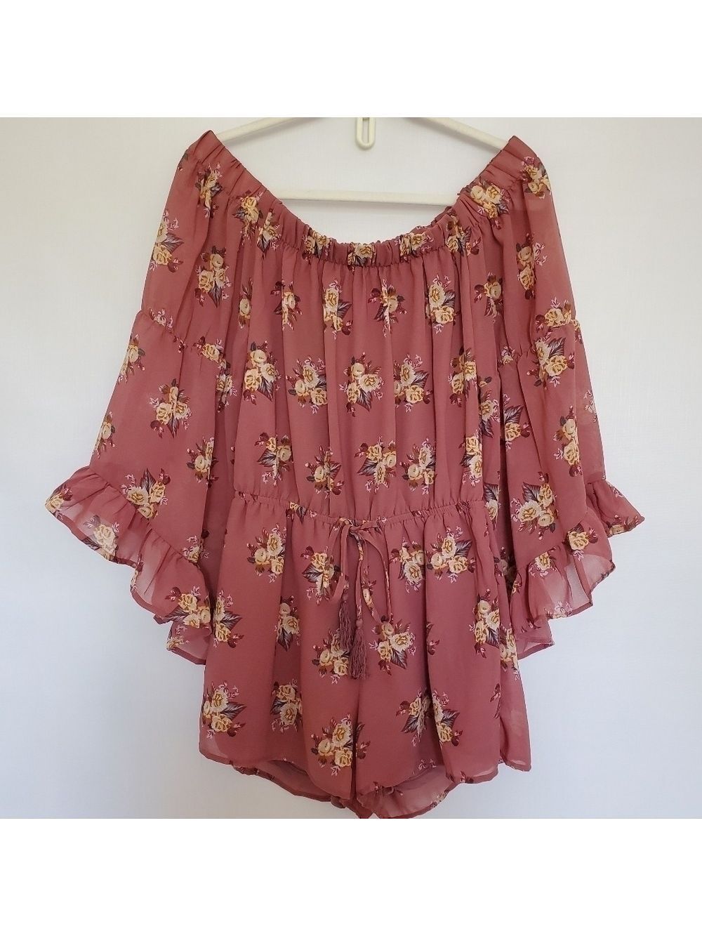 BLUSH ROMPER FLORAL MAUVE OFF SHOULDER BELL RUFFLE SLEEVES ELASTIC WAIST (MED)